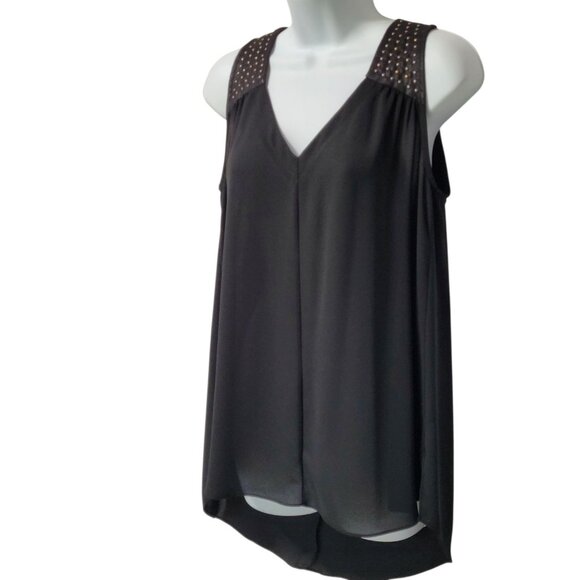Vintage Y2K Tank Top S Shell Black Studs Hi Low V-Neck Split Back Gauzy - Picture 3 of 12
